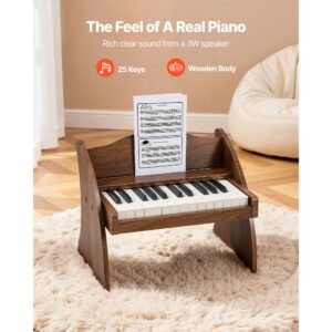 kids piano keyboard, 25 keys wooden digital piano for kids, mini music educational instrument toy with realistic sound, dual power, adjustable volume for toddlers, boys girls learning, walnut