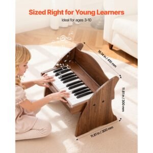 kids piano keyboard, 25 keys wooden digital piano for kids, mini music educational instrument toy with realistic sound, dual power, adjustable volume for toddlers, boys girls learning, walnut