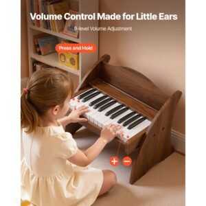 kids piano keyboard, 25 keys wooden digital piano for kids, mini music educational instrument toy with realistic sound, dual power, adjustable volume for toddlers, boys girls learning, walnut