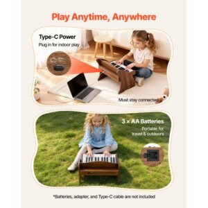 kids piano keyboard, 25 keys wooden digital piano for kids, mini music educational instrument toy with realistic sound, dual power, adjustable volume for toddlers, boys girls learning, walnut
