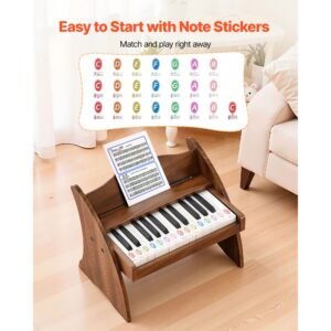 kids piano keyboard, 25 keys wooden digital piano for kids, mini music educational instrument toy with realistic sound, dual power, adjustable volume for toddlers, boys girls learning, walnut