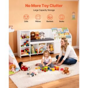 kids reading nook, wooden storage bench with backrest, kids bookshelf & toy organizer, large toy box chest for playroom, living room or entryway, easy assembly, 66.9 x 15.8 x 31.5 in, white
