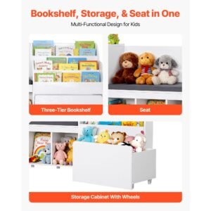 kids reading nook, wooden storage bench with backrest, kids bookshelf & toy organizer, large toy box chest for playroom, living room or entryway, easy assembly, 66.9 x 15.8 x 31.5 in, white