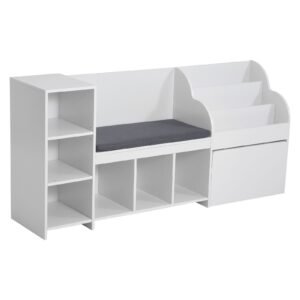 Kids Reading Nook, Wooden Storage Bench with Backrest, Kids Bookshelf & Toy Organizer, Large Toy Box Chest for Playroom, Living Room or Entryway, Easy Assembly, 66.9 x 15.8 x 31.5 in, White
