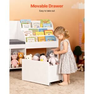 kids reading nook, wooden storage bench with backrest, kids bookshelf & toy organizer, large toy box chest for playroom, living room or entryway, easy assembly, 66.9 x 15.8 x 31.5 in, white