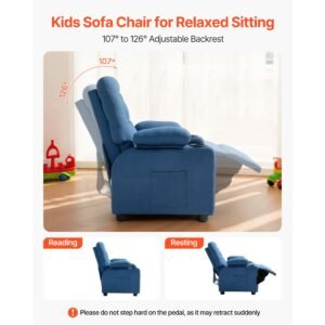 kids recliner chair, toddler lounger with cup holders & pockets, 107° to 126° adjustable back, breathable polyester upholstery reclining sofa with foot rest, for boys and girls, children (blue)