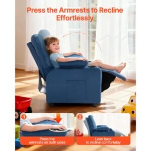 kids recliner chair, toddler lounger with cup holders & pockets, 107° to 126° adjustable back, breathable polyester upholstery reclining sofa with foot rest, for boys and girls, children (blue)