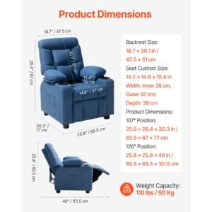kids recliner chair, toddler lounger with cup holders & pockets, 107° to 126° adjustable back, breathable polyester upholstery reclining sofa with foot rest, for boys and girls, children (blue)