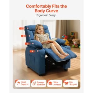 kids recliner chair, toddler lounger with cup holders & pockets, 107° to 126° adjustable back, breathable polyester upholstery reclining sofa with foot rest, for boys and girls, children (blue)