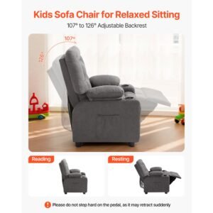 kids recliner chair, toddler lounger with cup holders & pockets, 107° to 126° adjustable back, breathable polyester upholstery reclining sofa with foot rest, for boys and girls, children (gray)