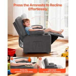 kids recliner chair, toddler lounger with cup holders & pockets, 107° to 126° adjustable back, breathable polyester upholstery reclining sofa with foot rest, for boys and girls, children (gray)