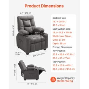 kids recliner chair, toddler lounger with cup holders & pockets, 107° to 126° adjustable back, breathable polyester upholstery reclining sofa with foot rest, for boys and girls, children (gray)