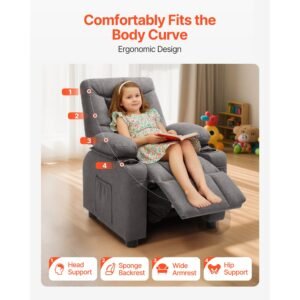 kids recliner chair, toddler lounger with cup holders & pockets, 107° to 126° adjustable back, breathable polyester upholstery reclining sofa with foot rest, for boys and girls, children (gray)