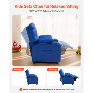 kids reclining chair, toddler recliner with 2 cup holders and 4 pockets, 107° to 126° adjustable back, easy to clean pu leather recliner couch with footrest, for boys, girls & children (blue)