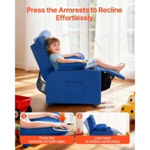 kids reclining chair, toddler recliner with 2 cup holders and 4 pockets, 107° to 126° adjustable back, easy to clean pu leather recliner couch with footrest, for boys, girls & children (blue)
