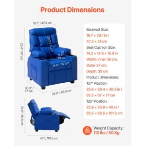 kids reclining chair, toddler recliner with 2 cup holders and 4 pockets, 107° to 126° adjustable back, easy to clean pu leather recliner couch with footrest, for boys, girls & children (blue)