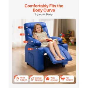 kids reclining chair, toddler recliner with 2 cup holders and 4 pockets, 107° to 126° adjustable back, easy to clean pu leather recliner couch with footrest, for boys, girls & children (blue)