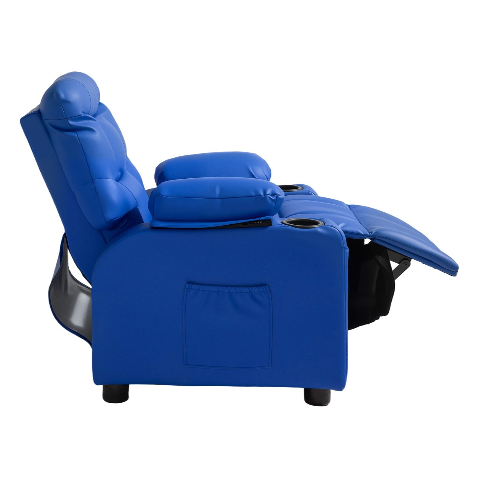 kids reclining chair, toddler recliner with 2 cup holders and 4 pockets, 107° to 126° adjustable back, easy to clean pu leather recliner couch with footrest, for boys, girls & children (blue)