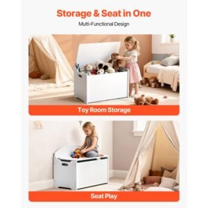 kids storage bench, wooden toy box chest with backrest, large storage cabinet with safety hinge, toddlers storage bench for playroom, living room or entryway, 23.5 x 14.5 x 21.46 in, white