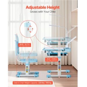 kids study chair and desk set, study desk and chair for kids with table lamp, adjustable height & 0 40° tilted desktop kids desk and chair, children study table for bedroom & study room, blue