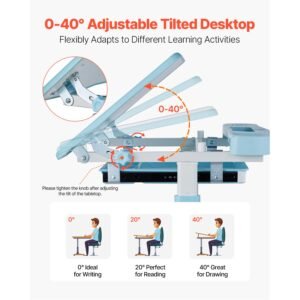 kids study chair and desk set, study desk and chair for kids with table lamp, adjustable height & 0 40° tilted desktop kids desk and chair, children study table for bedroom & study room, blue