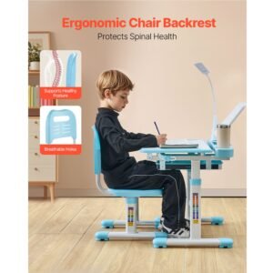 kids study chair and desk set, study desk and chair for kids with table lamp, adjustable height & 0 40° tilted desktop kids desk and chair, children study table for bedroom & study room, blue