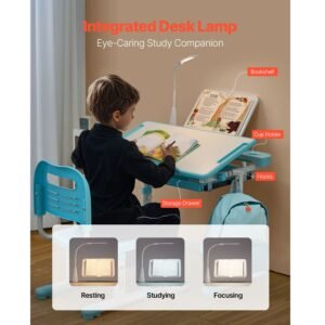 kids study chair and desk set, study desk and chair for kids with table lamp, adjustable height & 0 40° tilted desktop kids desk and chair, children study table for bedroom & study room, blue