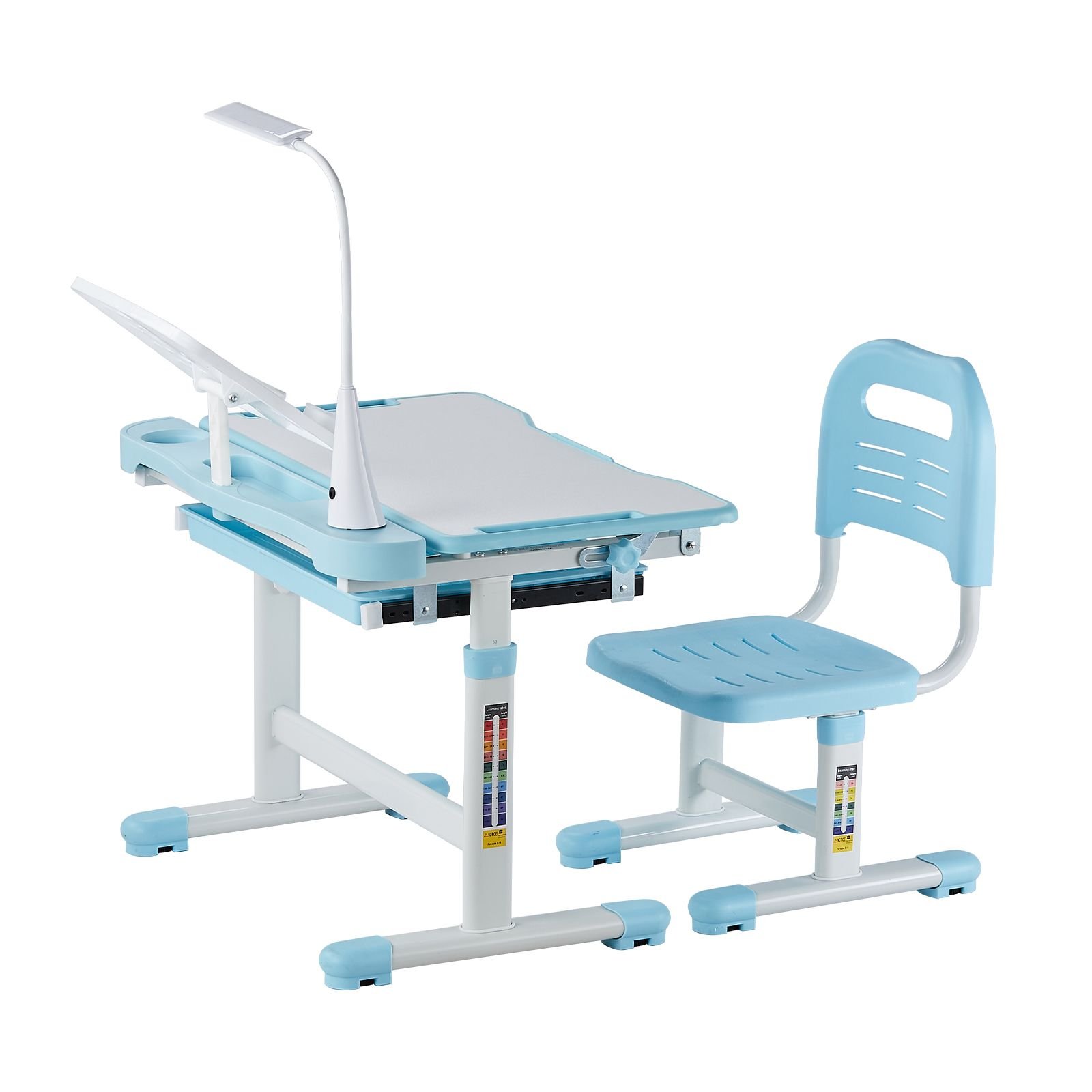 kids study chair and desk set, study desk and chair for kids with table lamp, adjustable height & 0 40° tilted desktop kids desk and chair, children study table for bedroom & study room, blue