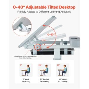 kids study chair and desk set, study desk and chair for kids with table lamp, adjustable height & 0 40° tilted desktop kids desk and chair, children study table for bedroom & study room, grey
