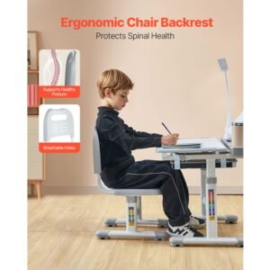 kids study chair and desk set, study desk and chair for kids with table lamp, adjustable height & 0 40° tilted desktop kids desk and chair, children study table for bedroom & study room, grey