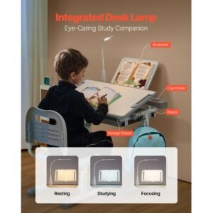 kids study chair and desk set, study desk and chair for kids with table lamp, adjustable height & 0 40° tilted desktop kids desk and chair, children study table for bedroom & study room, grey