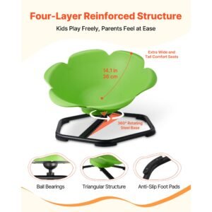 kids swivel chair, 220 lbs capacity, cylinder shape sensory spinning chair, autistic kids sensory toy seat with non slip metal base, toddler sit & spin seat for coordination balance focus, green