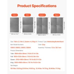 king size bunkie board, 1.5 in bed board slats with 200d oxford cloth, wooden mattress support for king size bed, easy assembly support under mattress, 4 piece, gray