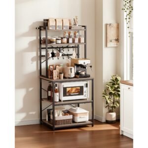 kitchen bakers rack, 23.6 inch width bakers rack, kitchen stand with x shaped support bar, 12 s shaped hooks, double layer top shelf, coffee bar stand for dishes & bowls, spice bottles