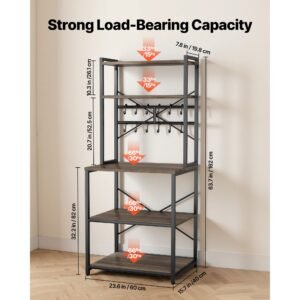 kitchen bakers rack, 23.6 inch width bakers rack, kitchen stand with x shaped support bar, 12 s shaped hooks, double layer top shelf, coffee bar stand for dishes & bowls, spice bottles