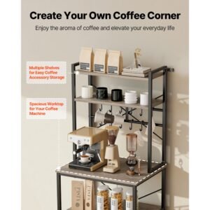 kitchen bakers rack, 23.6 inch width bakers rack, kitchen stand with x shaped support bar, 12 s shaped hooks, double layer top shelf, coffee bar stand for dishes & bowls, spice bottles