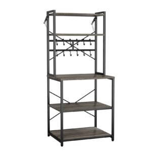 Kitchen Bakers Rack, 23.6 inch Width Bakers Rack, Kitchen Stand with X-Shaped Support Bar, 12 S-Shaped Hooks, Double-Layer Top Shelf, Coffee Bar Stand for Dishes & Bowls, Spice Bottles