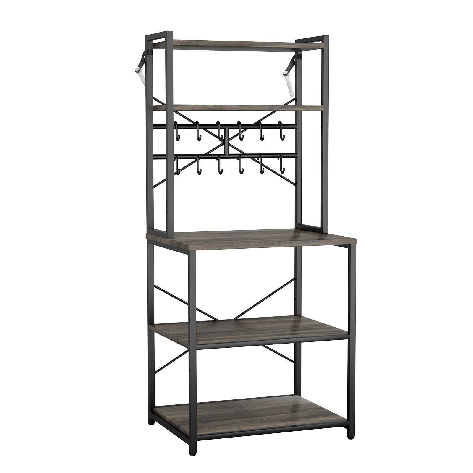 kitchen bakers rack, 23.6 inch width bakers rack, kitchen stand with x shaped support bar, 12 s shaped hooks, double layer top shelf, coffee bar stand for dishes & bowls, spice bottles