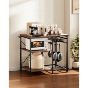 kitchen bakers rack, 35.4 inch width bakers rack, kitchen stand with x shaped support bar, 5 s shaped hooks, multi layer storage shelf, coffee bar stand for dishes & bowls, spice bottles