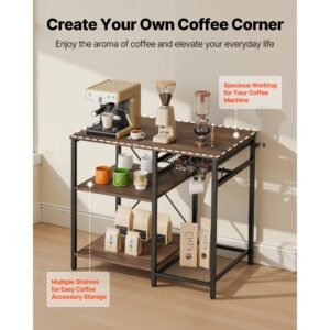 kitchen bakers rack, 35.4 inch width bakers rack, kitchen stand with x shaped support bar, 5 s shaped hooks, multi layer storage shelf, coffee bar stand for dishes & bowls, spice bottles