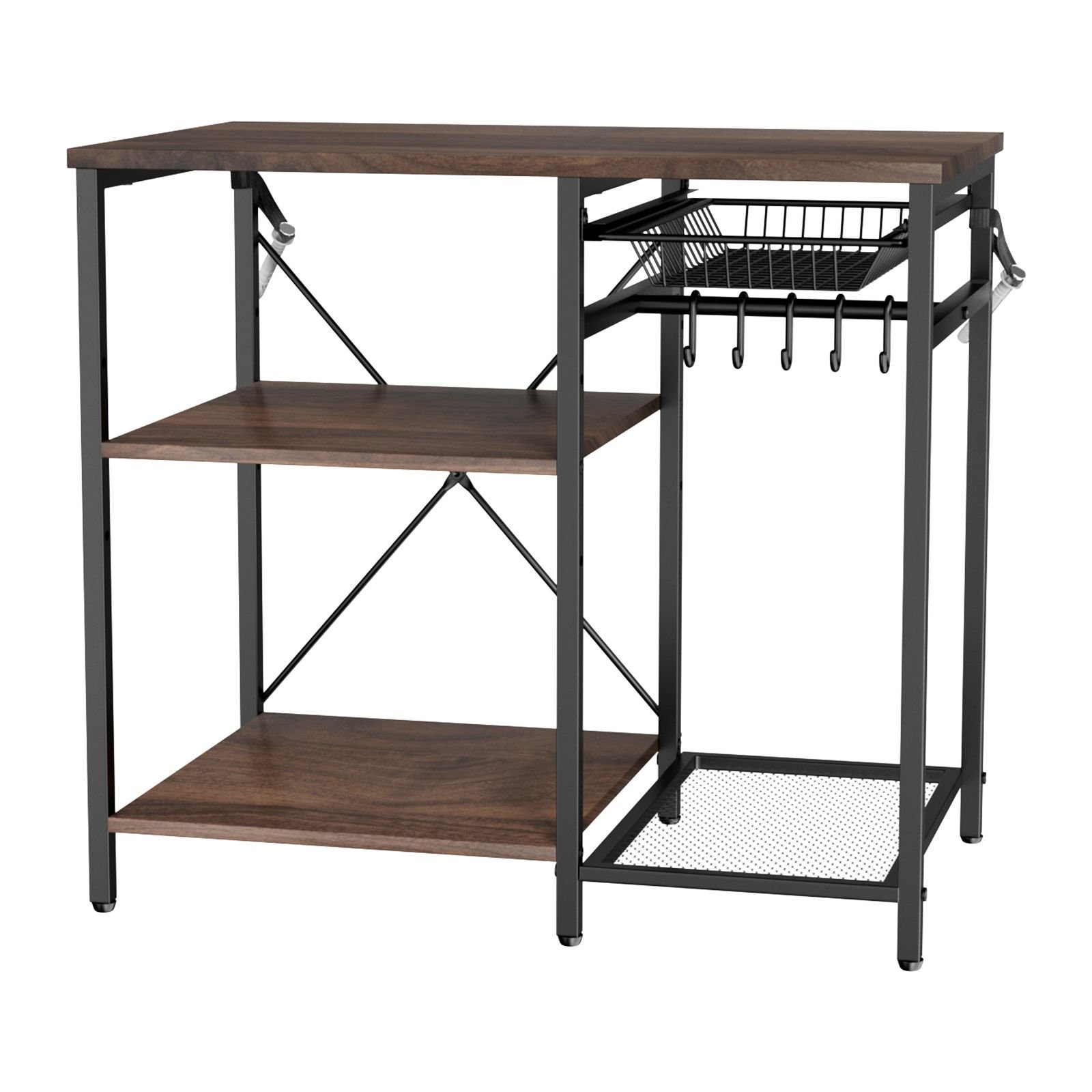 kitchen bakers rack, 35.4 inch width bakers rack, kitchen stand with x shaped support bar, 5 s shaped hooks, multi layer storage shelf, coffee bar stand for dishes & bowls, spice bottles