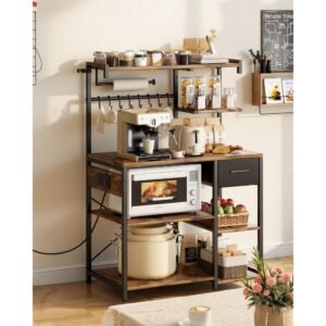 kitchen bakers rack, 4.6ft power cable bakers rack with power outlet, kitchen stand with x shaped support bar, 8 s shaped hooks, coffee bar stand for dishes, spice bottles, built in power strip