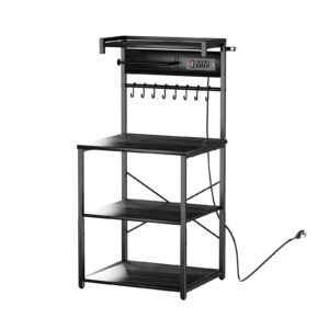 Kitchen Bakers Rack, 4.6ft Power Cable Bakers Rack with Power Outlet, Kitchen Stand with X-Shaped Support Bar, 8 S-Shaped Hooks, Coffee Bar Stand for Dishes, Spice Bottles, Built-In Power Strip
