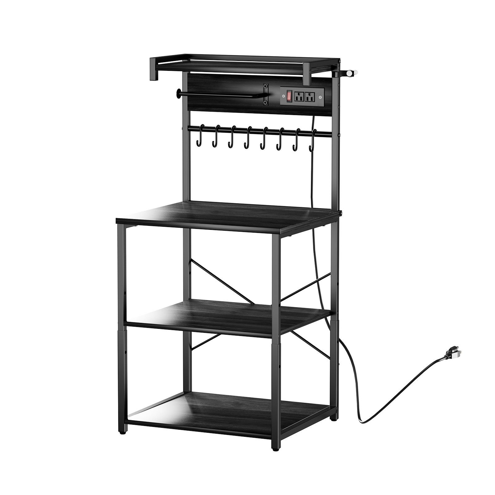 kitchen bakers rack, 4.6ft power cable bakers rack with power outlet, kitchen stand with x shaped support bar, 8 s shaped hooks, coffee bar stand for dishes, spice bottles, built in power strip