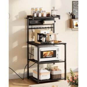 kitchen bakers rack, 4.6ft power cable bakers rack with power outlet, kitchen stand with x shaped support bar, 8 s shaped hooks, coffee bar stand for dishes, spice bottles, built in power strip