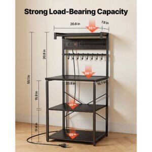 kitchen bakers rack, 4.6ft power cable bakers rack with power outlet, kitchen stand with x shaped support bar, 8 s shaped hooks, coffee bar stand for dishes, spice bottles, built in power strip