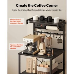 kitchen bakers rack, 4.6ft power cable bakers rack with power outlet, kitchen stand with x shaped support bar, 8 s shaped hooks, coffee bar stand for dishes, spice bottles, built in power strip