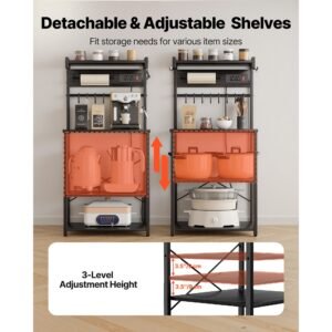 kitchen bakers rack, 4.6ft power cable bakers rack with power outlet, kitchen stand with x shaped support bar, 8 s shaped hooks, coffee bar stand for dishes, spice bottles, built in power strip