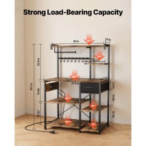 kitchen bakers rack, 4.6ft power cable bakers rack with power outlet, kitchen stand with x shaped support bar, 8 s shaped hooks, coffee bar stand for dishes, spice bottles, built in power strip