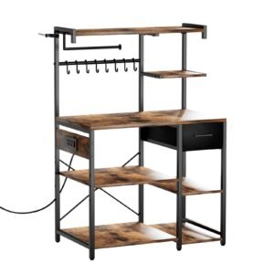 Kitchen Bakers Rack, 4.6ft Power Cable Bakers Rack with Power Outlet, Kitchen Stand with X-Shaped Support Bar, 8 S-Shaped Hooks, Coffee Bar Stand for Dishes, Spice Bottles, Built-In Power Strip